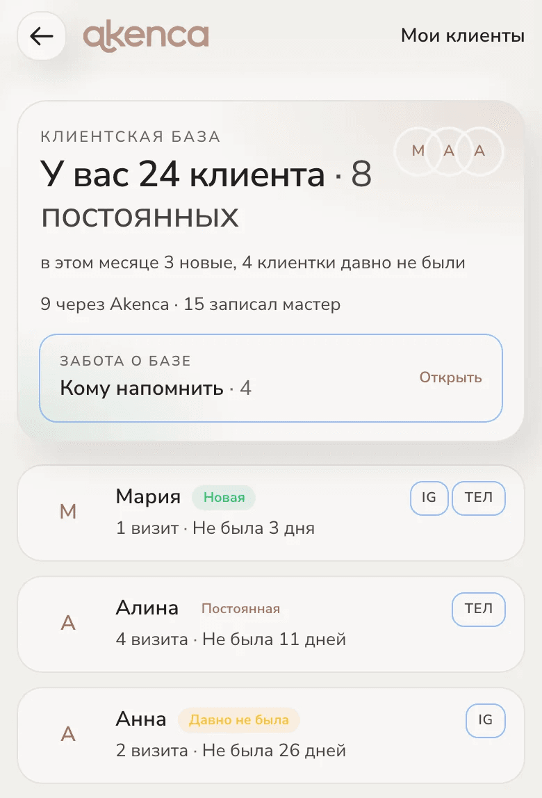 Список клиентов: новые, постоянные и сколько визитов