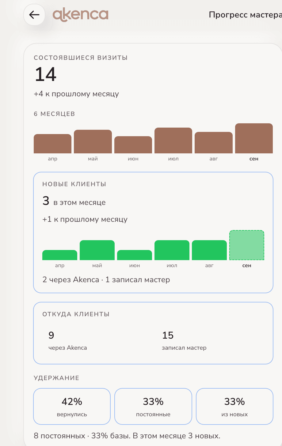 Аналитика: визиты и новые клиенты по месяцам, постоянные и откуда пришли
